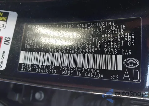 2016 Toyota Corolla Le z USA, uszkodzony, nr VIN 2T1BURHEXGC707222